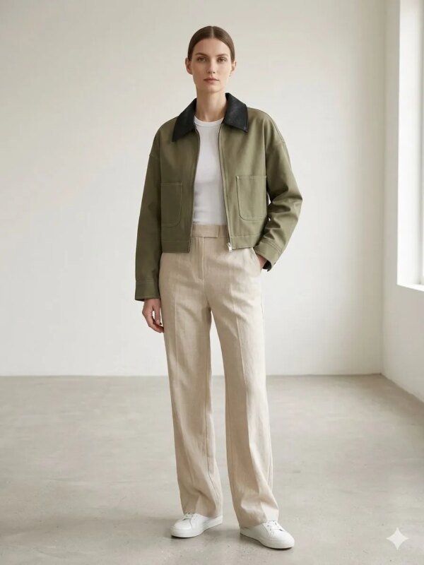 Chamarra Bomber Verde Militar Con Cuello Contrastante Para Mujer