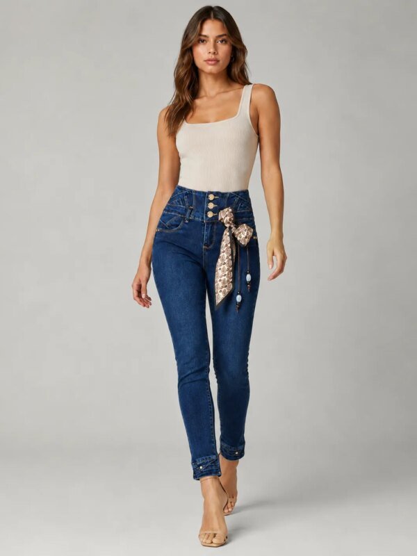 Pantalon Jean Colombiano Fit Tiro Alto Botones Para Mujer