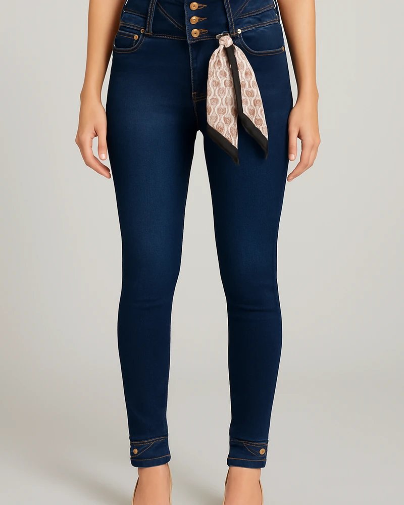 Pantalon Jean Colombiano Fit Tiro Alto Botones Para Mujer