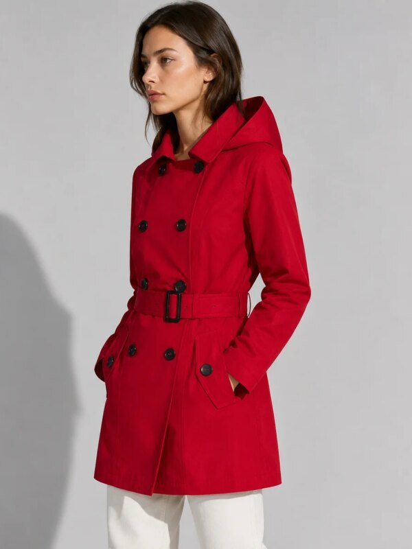 Gabardina Roja con Capucha Doble Botonadura Clásica para Mujer