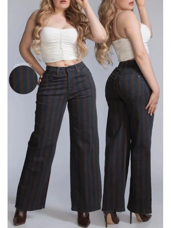 Pantalon Wide Leg de Rayas Estilo Retro en Mezclilla para Mujer
