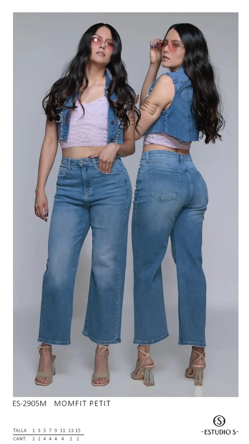 Pantalon Mom Fit Petit de Mezclilla Clara Tiro Alto para Mujer
