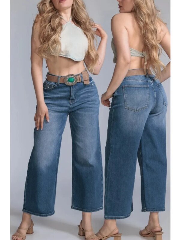Pantalon Wide Leg Petit de Mezclilla Azul con Cinto para Mujer