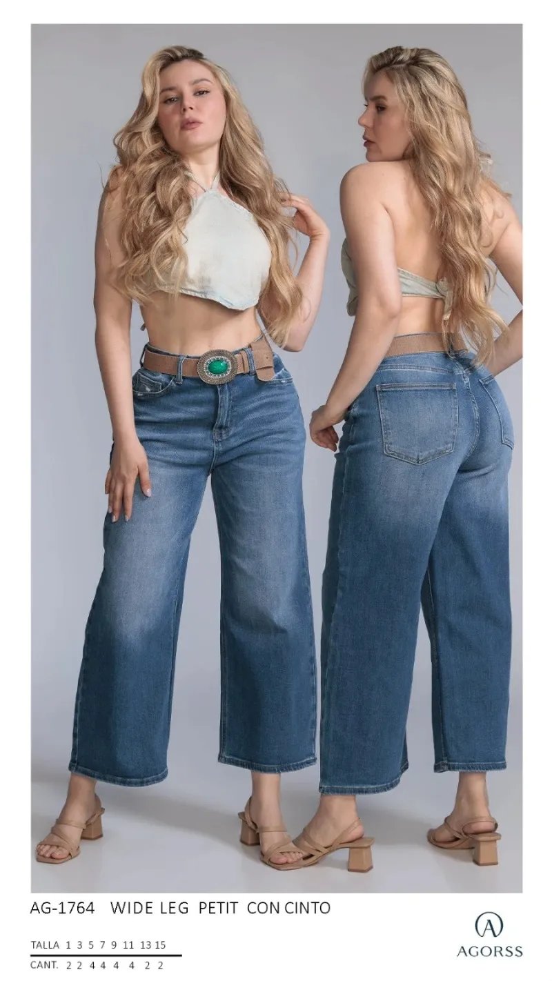 Pantalon Wide Leg Petit de Mezclilla Azul con Cinto para Mujer