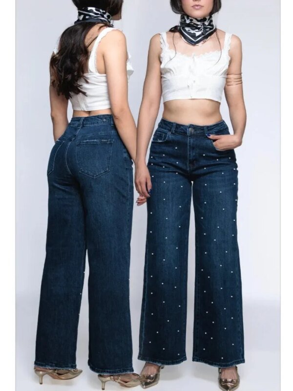 Pantalon Wide Leg de Mezclilla Azul con Perlas para Mujer