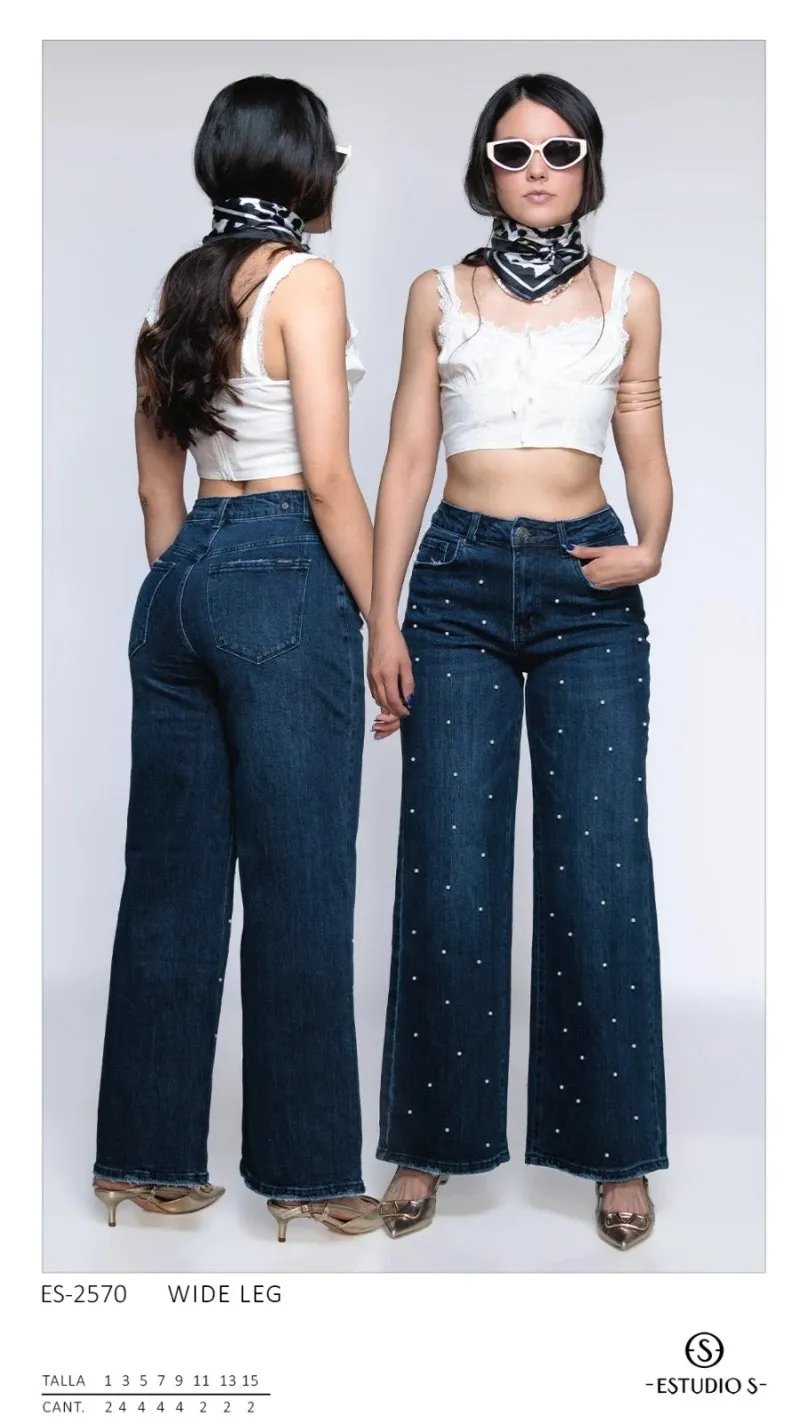 Pantalon Wide Leg de Mezclilla Azul con Perlas para Mujer