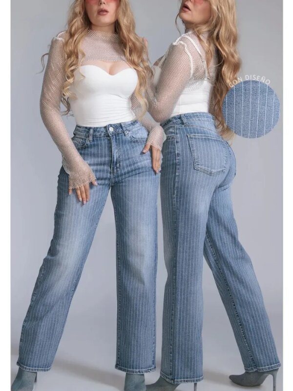 Jeans Wide Leg con Rayas Plateadas y Tiro Alto para Mujer