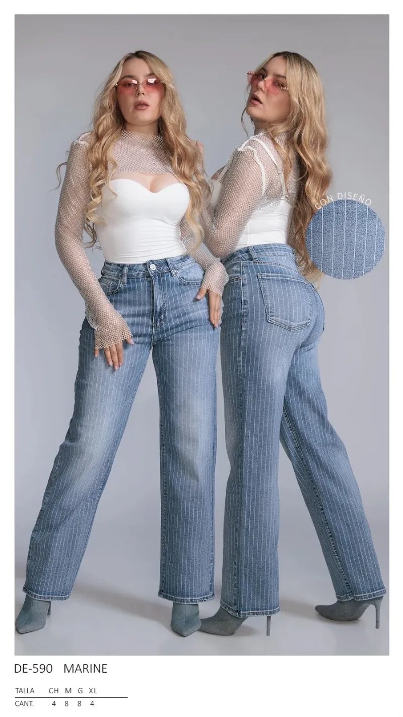 Jeans Wide Leg con Rayas Plateadas y Tiro Alto para Mujer