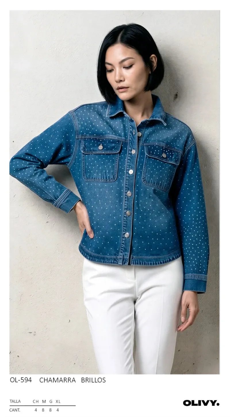 Chamarra de Mezclilla con Brillos para Mujer Estilo Casual Chic