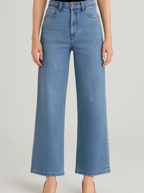 Pantalón Wide Leg de Mezclilla Azul Claro de Tiro Alto para Mujer