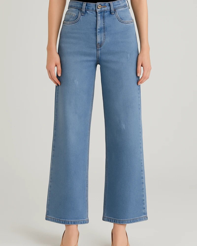 Pantalón Wide Leg de Mezclilla Azul Claro de Tiro Alto para Mujer