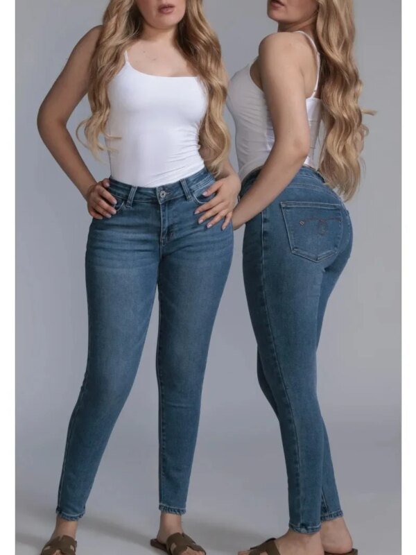Pantalon Skinny de Mezclilla Azul Medio Tiro Alto para Mujer