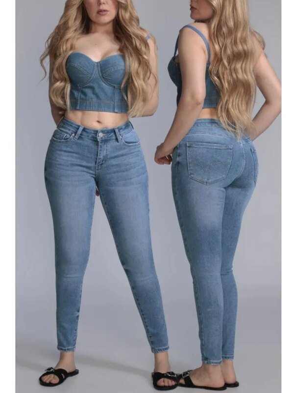 Pantalon Skinny de Mezclilla Azul Claro Tiro Alto para Mujer