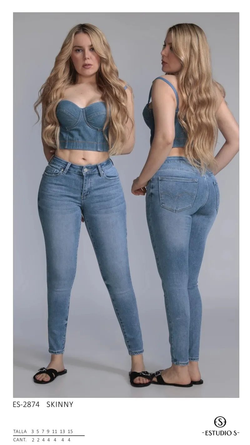 Pantalon Skinny de Mezclilla Azul Claro Tiro Alto para Mujer