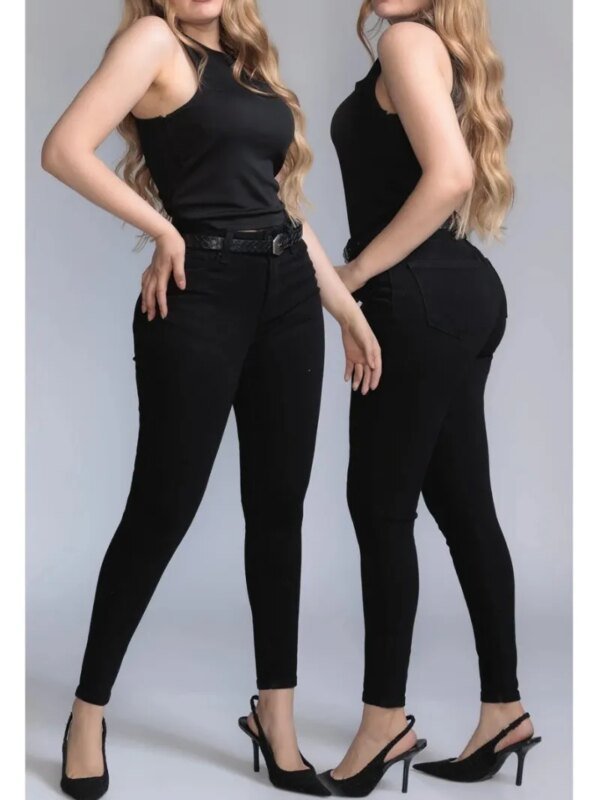 Pantalon Skinny Tiro Alto Negro con Cinto para Mujer