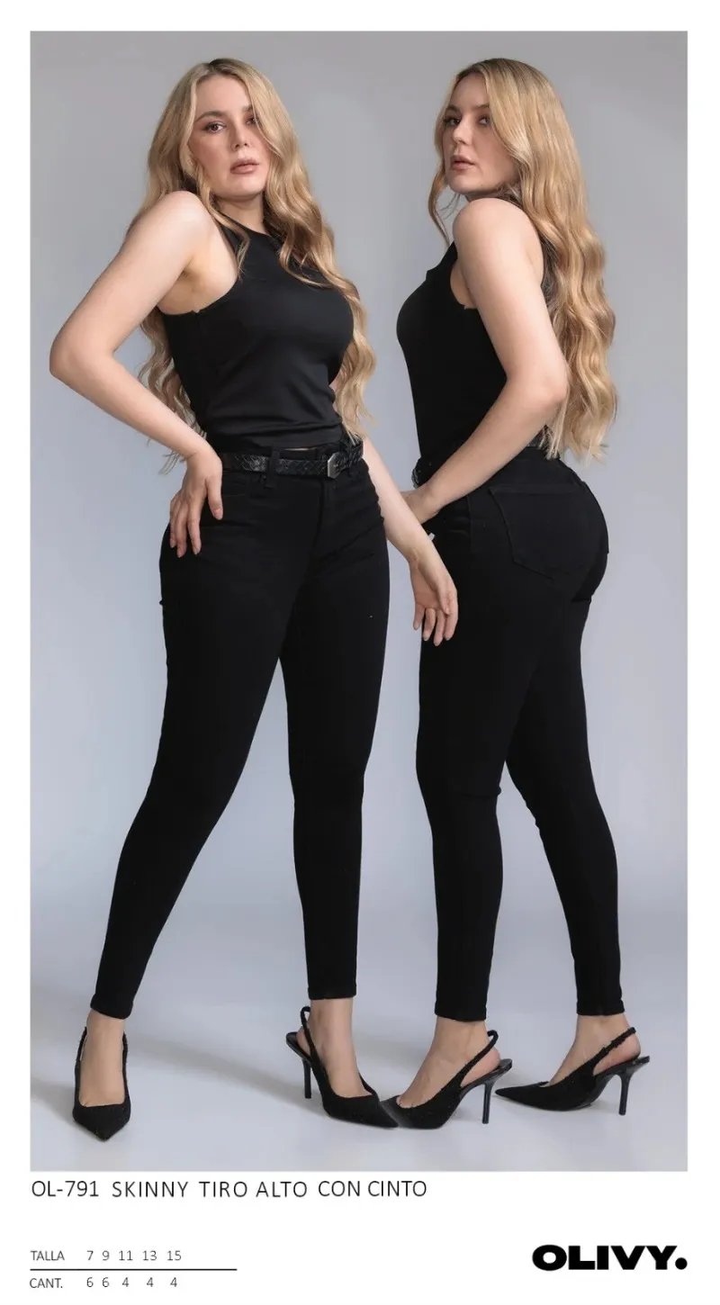 Pantalon Skinny Tiro Alto Negro con Cinto para Mujer