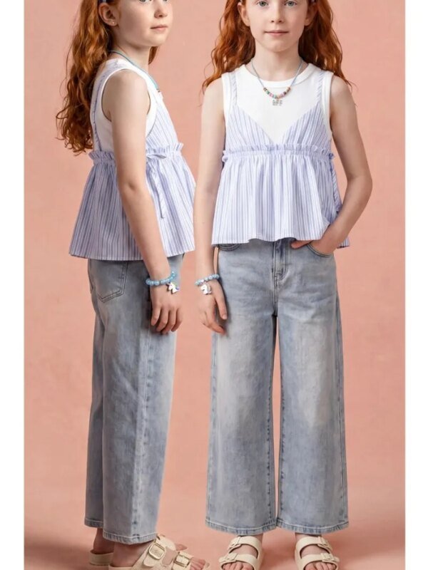 Pantalon Wide Leg de Mezclilla Clara para Niña Estilo Casual