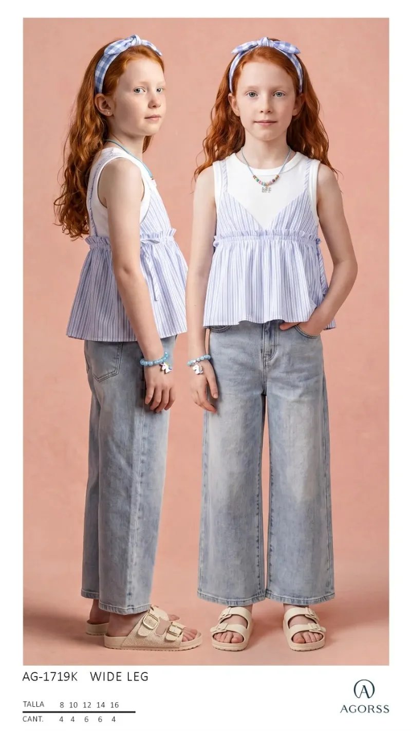 Pantalon Wide Leg de Mezclilla Clara para Niña Estilo Casual