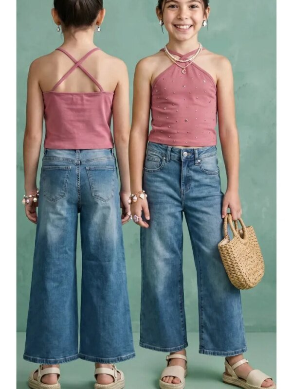 Pantalon Wide Leg de Mezclilla Azul para Niña Estilo Casual Chic