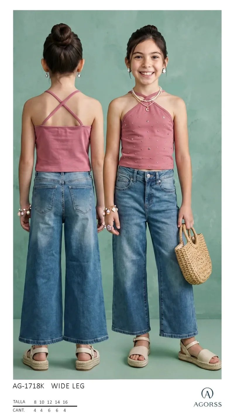 Pantalon Wide Leg de Mezclilla Azul para Niña Estilo Casual Chic