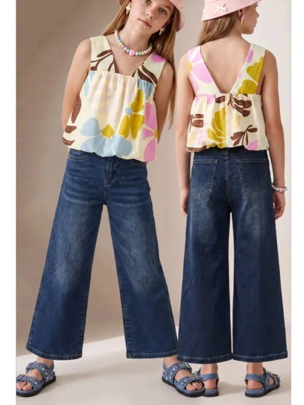 Pantalon Wide Leg de Mezclilla Azul Oscuro para Niña