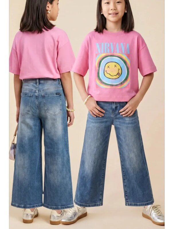 Pantalon Wide Leg de Mezclilla Lavada Para Niña Estilo Moderno