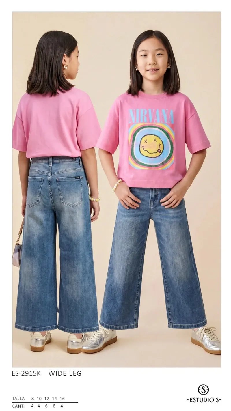 Pantalon Wide Leg de Mezclilla Lavada Para Niña Estilo Moderno