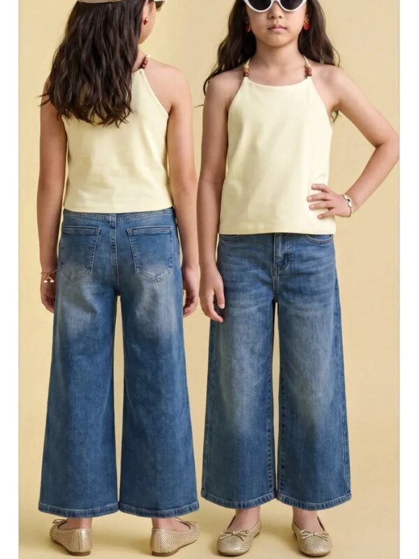 Pantalon Wide Leg de Mezclilla Azul Lavado para Niña