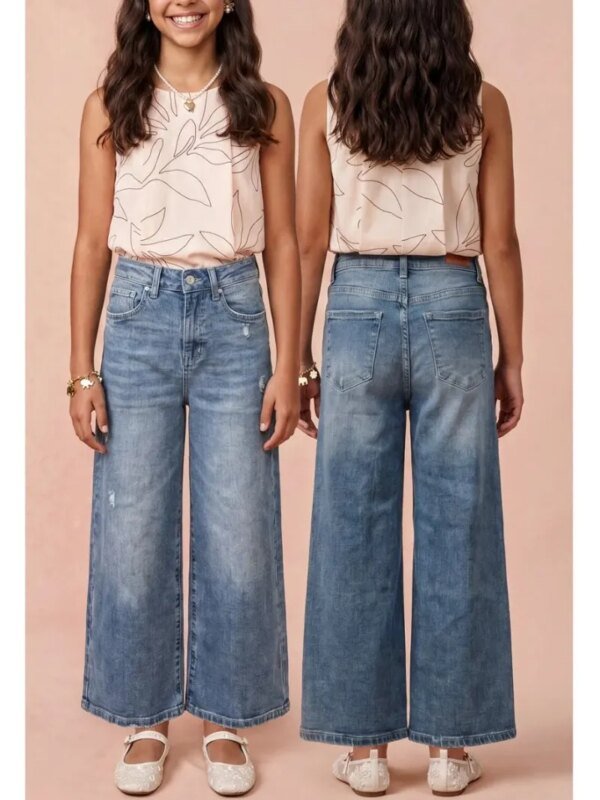 Pantalon Wide Leg de Mezclilla Azul Lavado para Niña y Adolescente