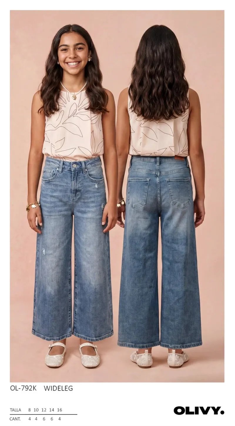 Pantalon Wide Leg de Mezclilla Azul Lavado para Niña y Adolescente