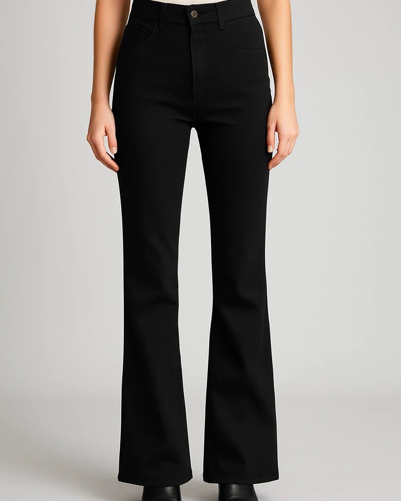 Pantalón Acampanado Negro de Tiro Alto Estilo Retro para Mujer