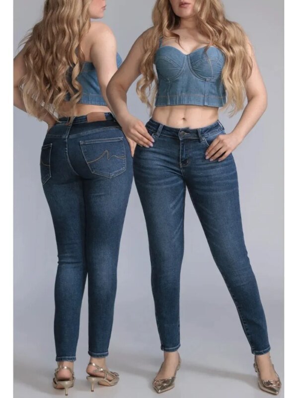 Pantalon Skinny de Mezclilla Azul Oscuro Tiro Medio para Mujer