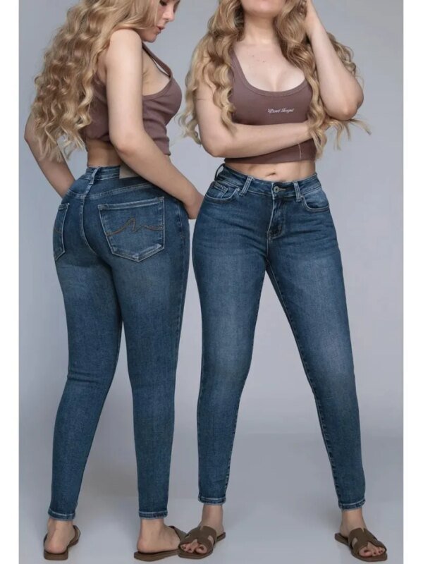 Pantalon Skinny de Mezclilla Azul Medio con Tiro Alto para Mujer
