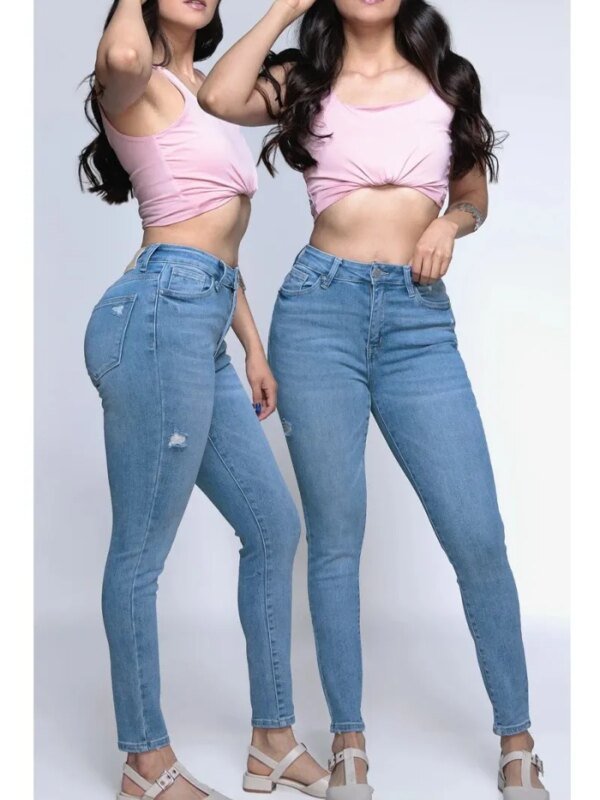 Pantalon Skinny Tiro Alto de Mezclilla Azul Claro para Mujer