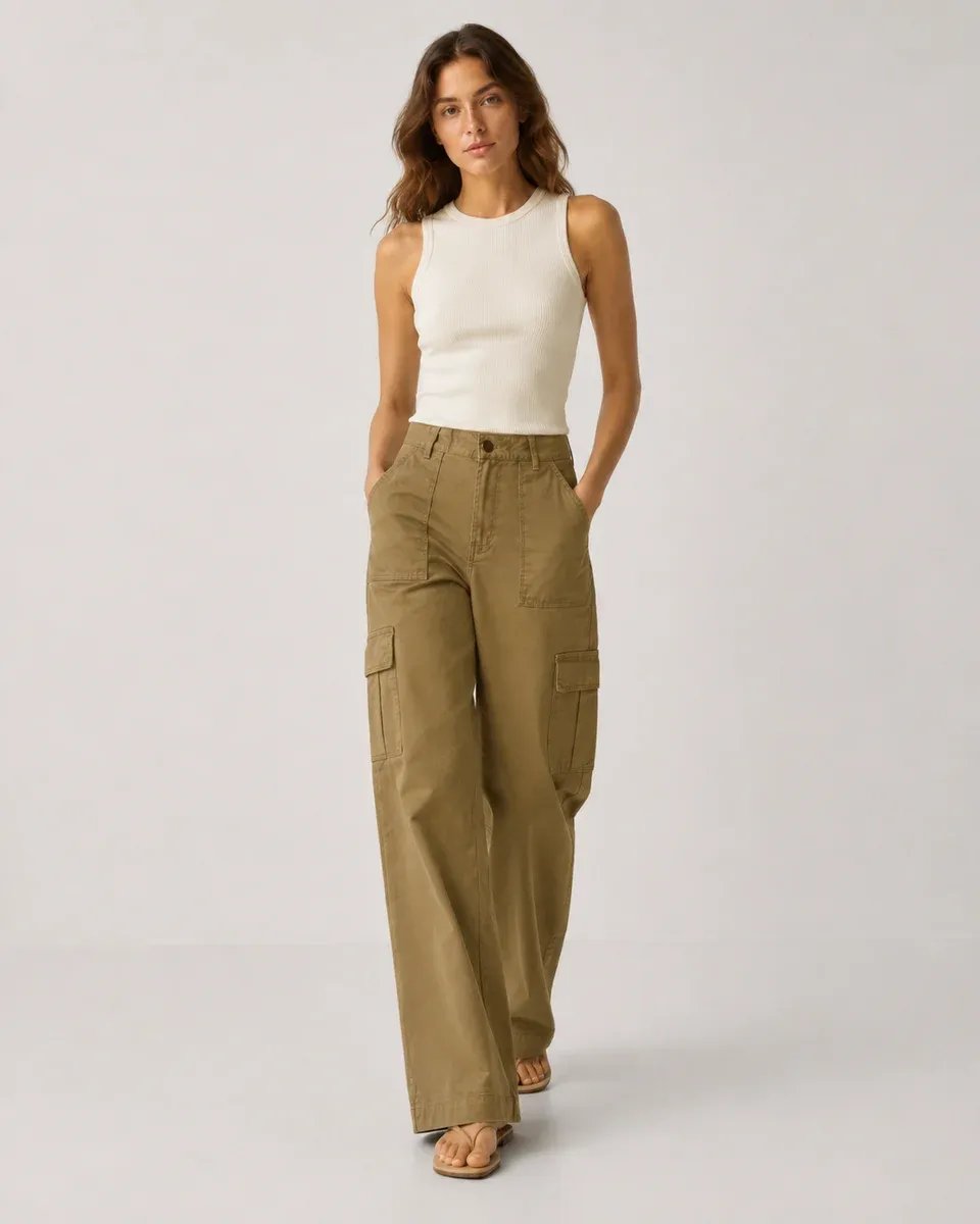 Pantalon Cargo Wide Leg de Tiro Alto para Mujer Estilo Militar - Image 10