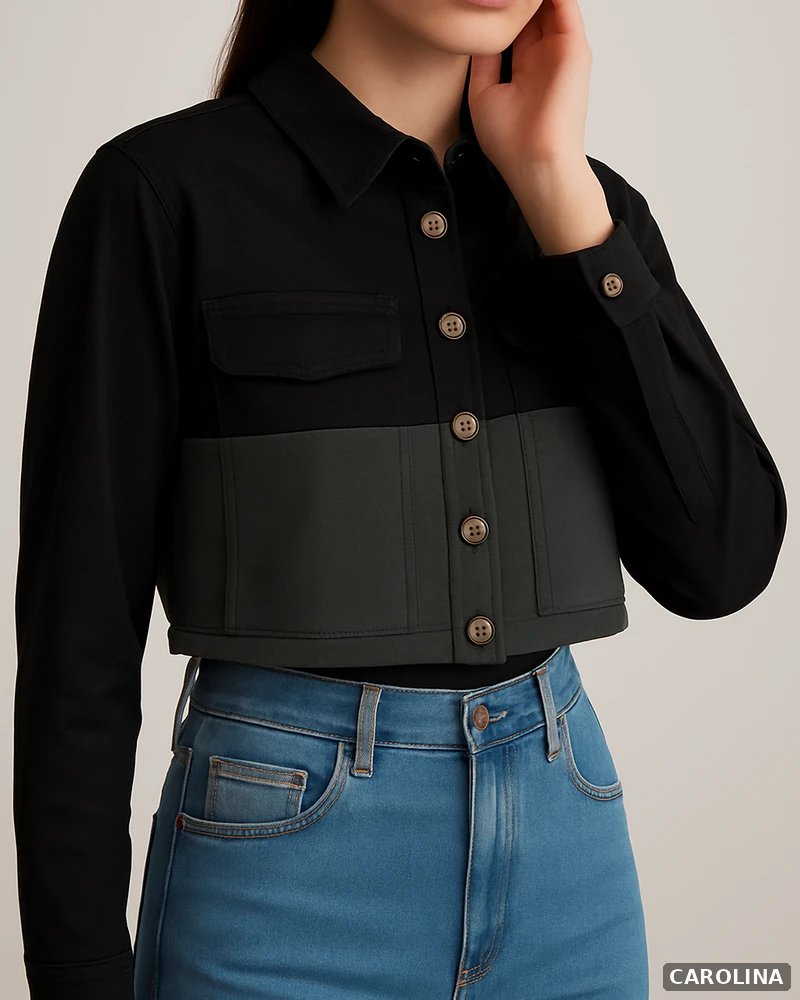 Chamarra Cropped Bicolor Negro y Gris con Botones para Mujer - Image 2