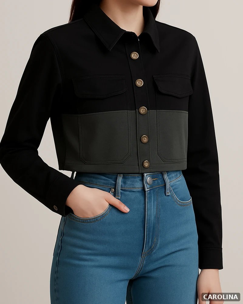 Chamarra Cropped Bicolor Negro y Gris con Botones para Mujer - Image 3