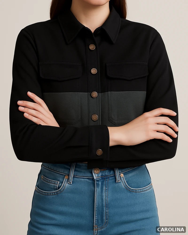 Chamarra Cropped Bicolor Negro y Gris con Botones para Mujer - Image 4