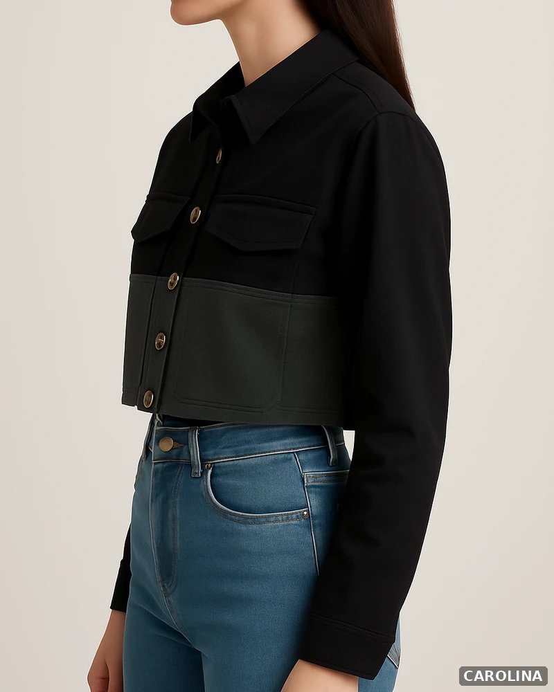Chamarra Cropped Bicolor Negro y Gris con Botones para Mujer - Image 5