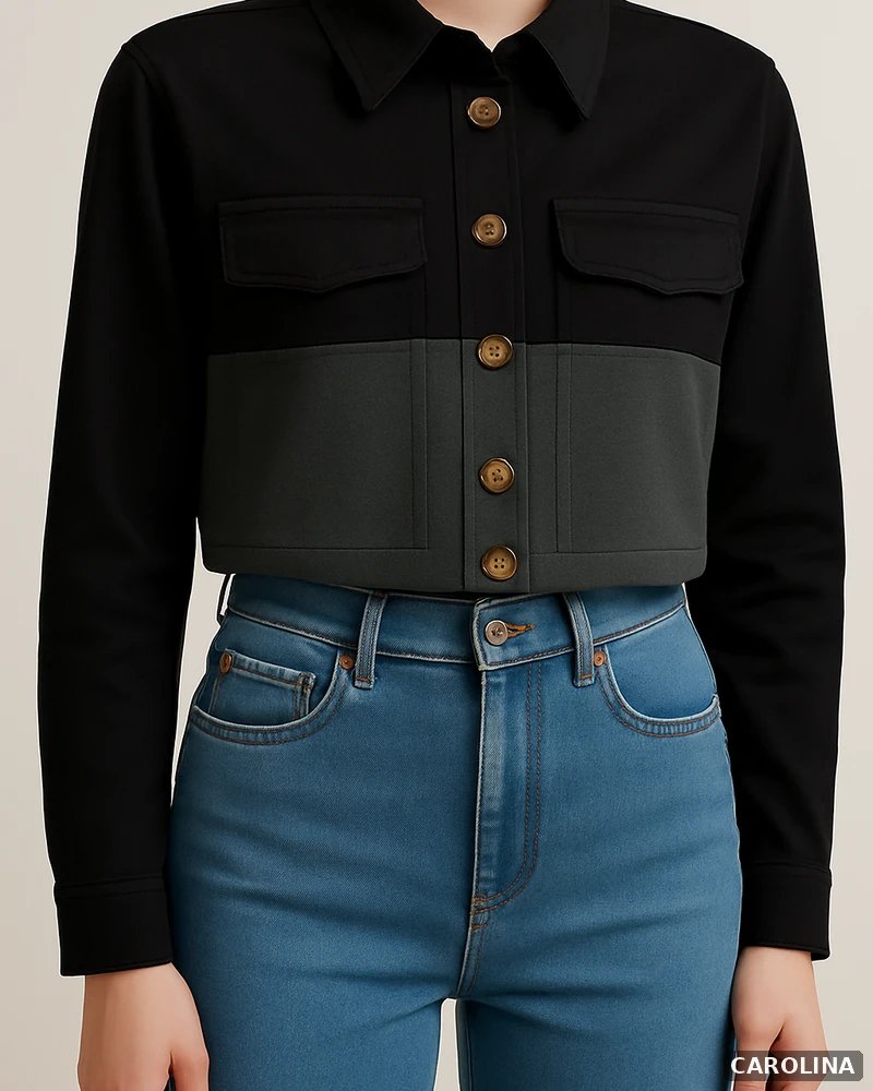 Chamarra Cropped Bicolor Negro y Gris con Botones para Mujer - Image 6