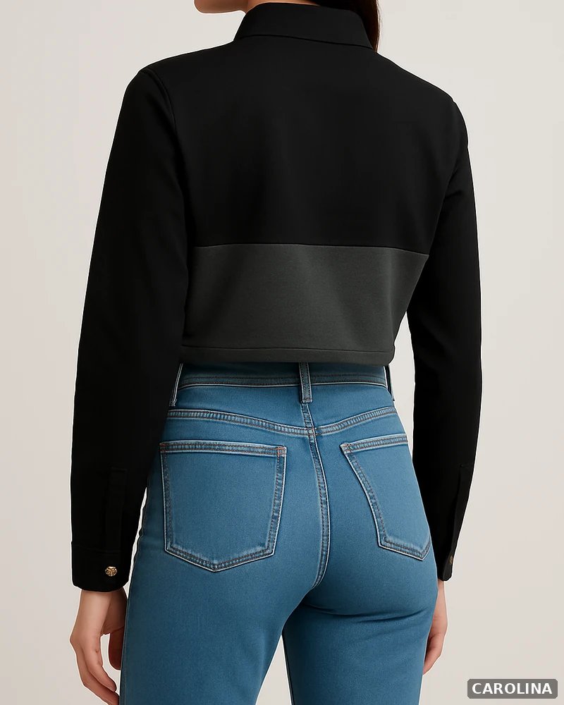 Chamarra Cropped Bicolor Negro y Gris con Botones para Mujer - Image 7