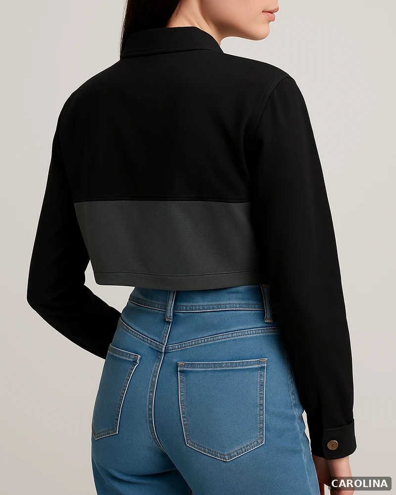 Chamarra Cropped Bicolor Negro y Gris con Botones para Mujer - Image 8