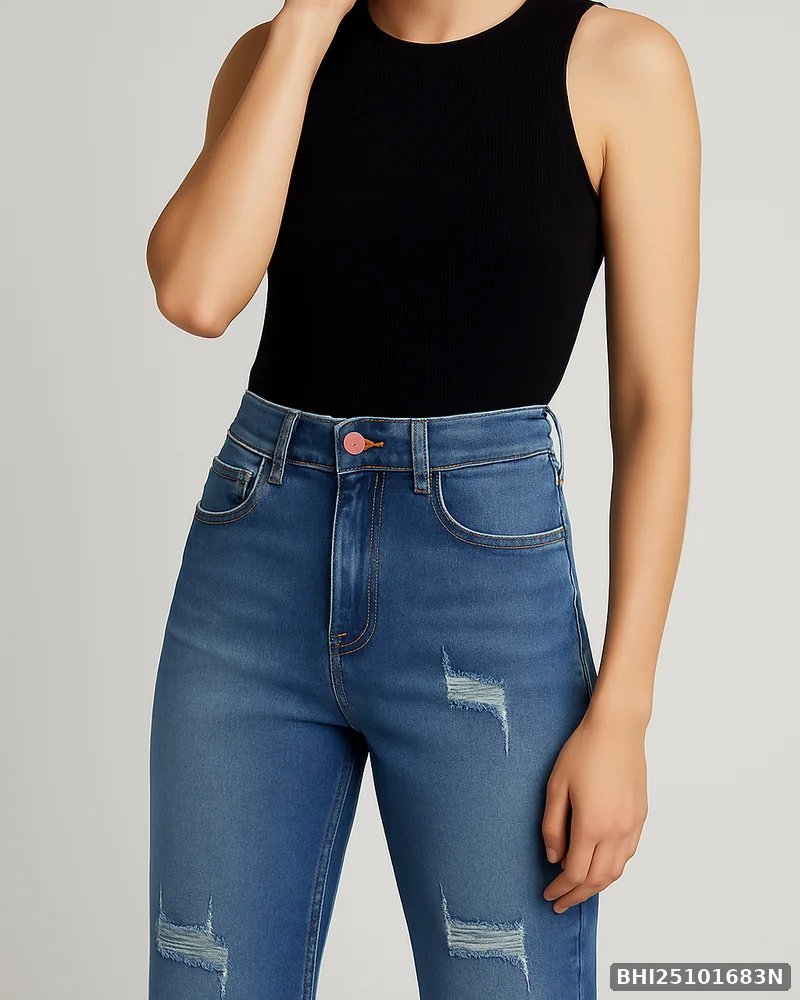 Jeans Straight Fit de Mezclilla Azul con Roturas para Mujer - Image 2