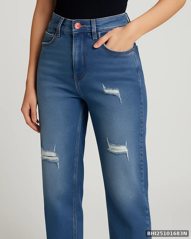 Jeans Straight Fit de Mezclilla Azul con Roturas para Mujer - Image 3