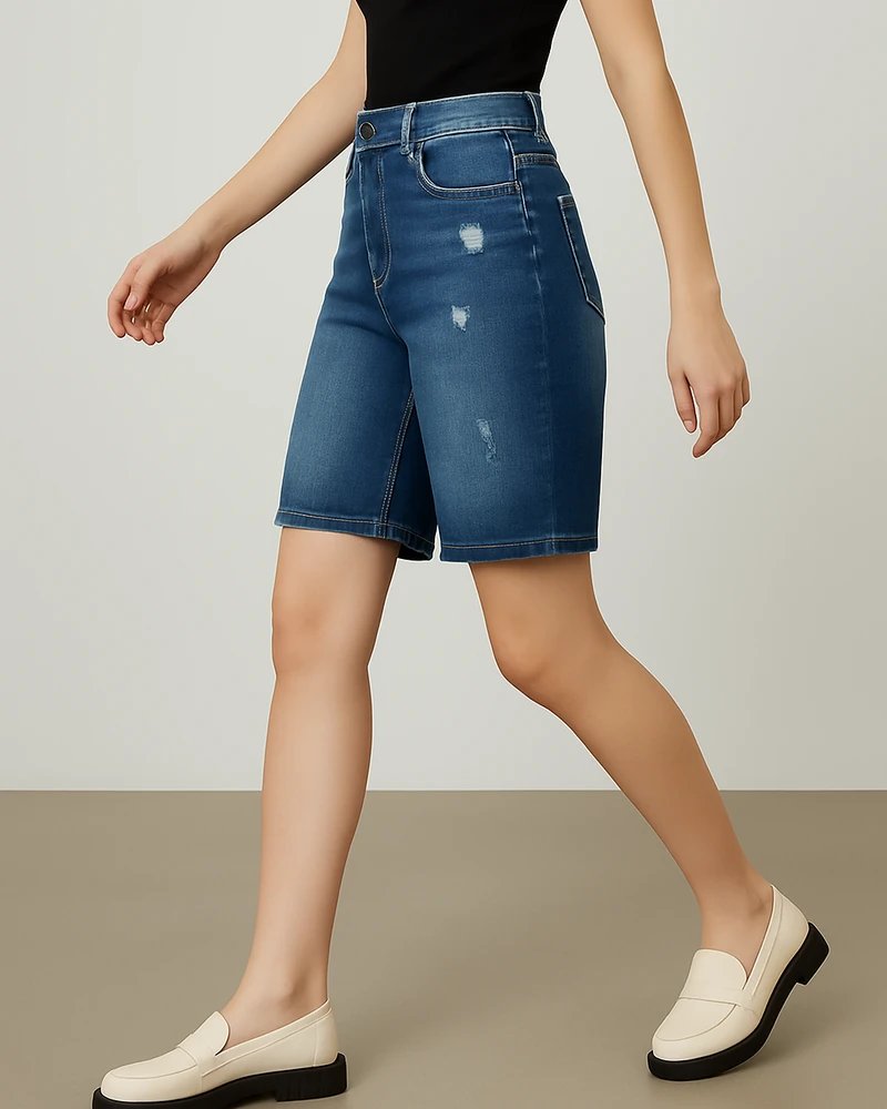 Bermuda Mujer Tiro Alto en Mezclilla Azul Medio Estilo Casual Chic - Image 2
