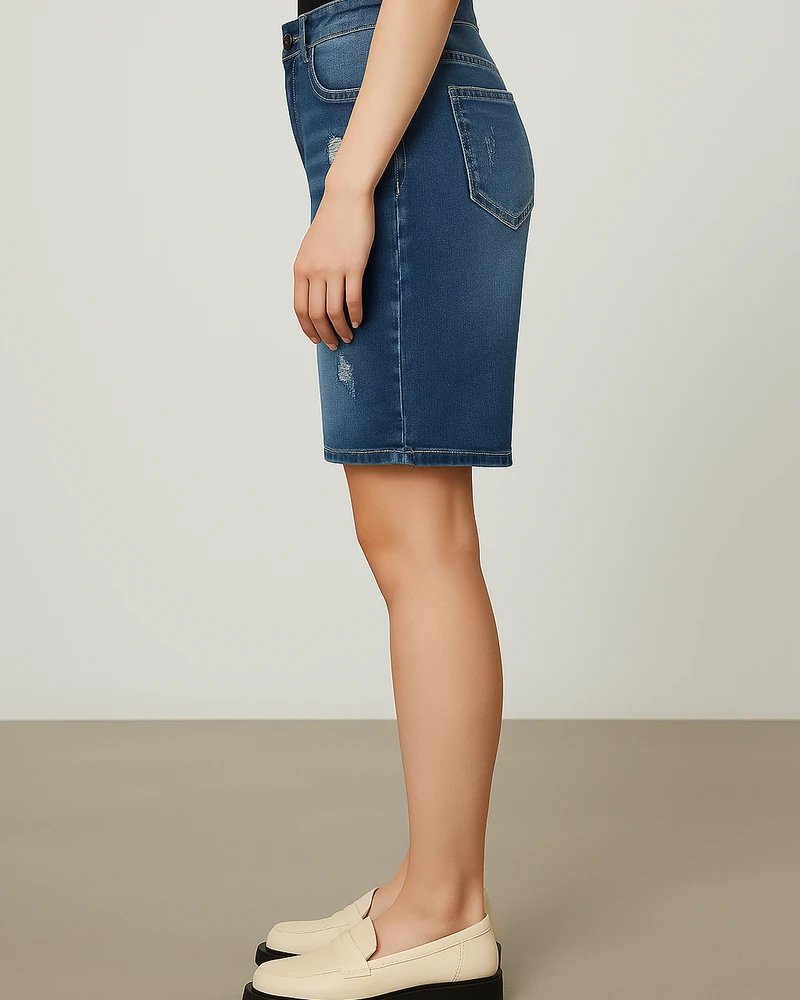 Bermuda Mujer Tiro Alto en Mezclilla Azul Medio Estilo Casual Chic - Image 3