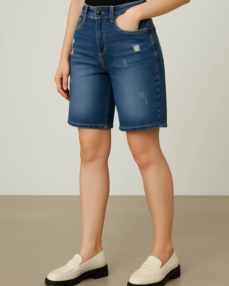 Bermuda Mujer Tiro Alto en Mezclilla Azul Medio Estilo Casual Chic - Image 4