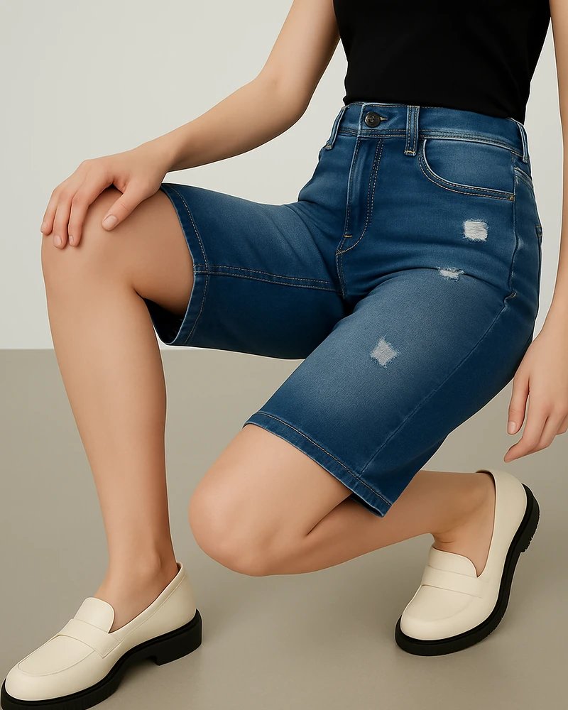 Bermuda Mujer Tiro Alto en Mezclilla Azul Medio Estilo Casual Chic - Image 5