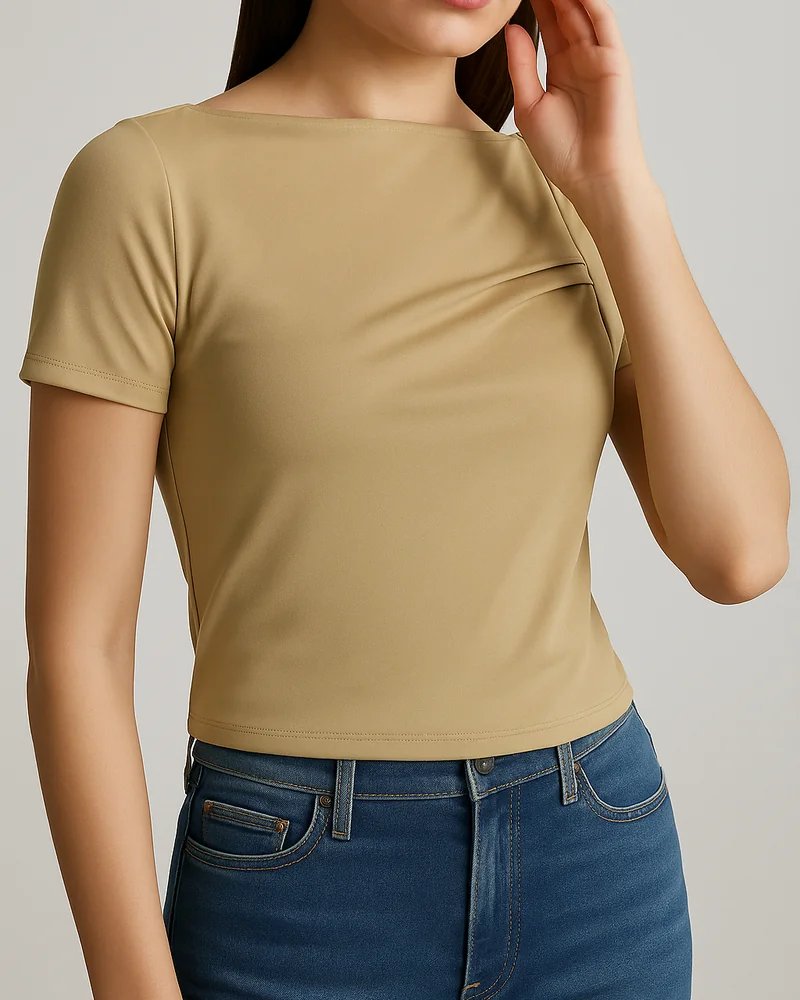 Blusa Casual con Drapeado Asimétrico en Tono Arena para Mujer - Image 2