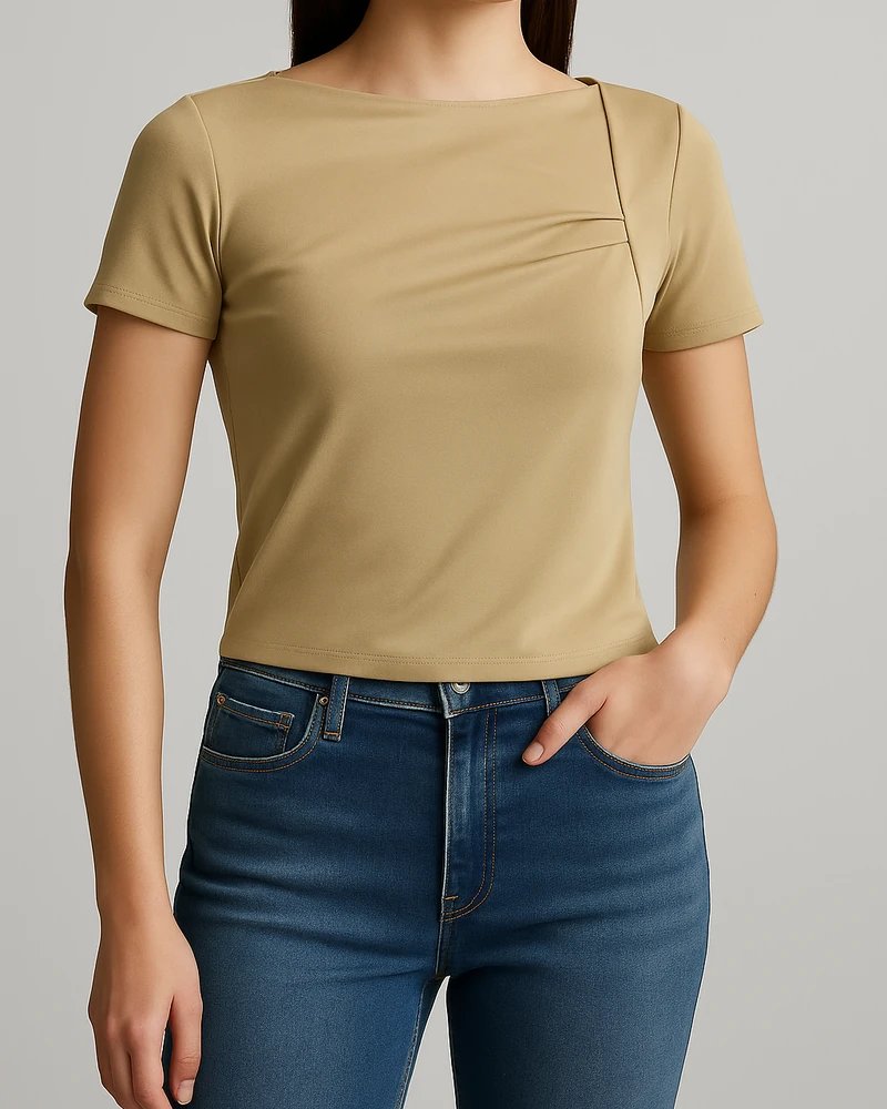 Blusa Casual con Drapeado Asimétrico en Tono Arena para Mujer - Image 3